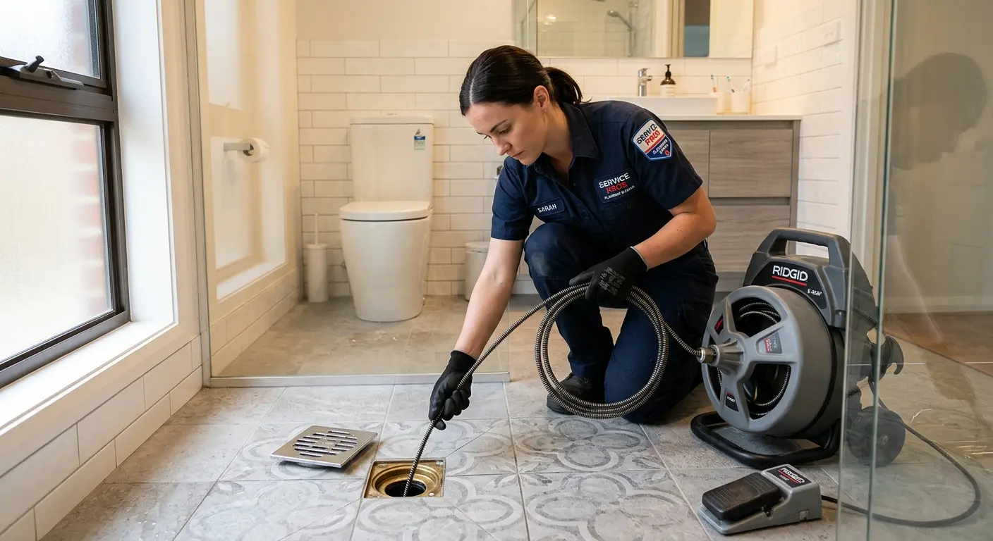 Technician clearing a bathroom floor drain for Sewer Line Replacement in Pickerington